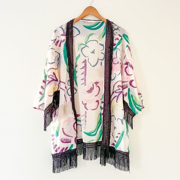 Victoria Secret Silk Cotton Beach Cover Up Kimono Robe Floral Fringe, Size Large - Picture 1 of 7